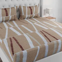 Huesland White & Brown Abstract Printed Cotton 144 TC King Bedsheet with 2 Pillow Covers-9