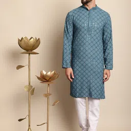 Anouk Blue Ethnic Motifs Embroidered Thread Work Pure Cotton Straight Kurta With Churidar-32