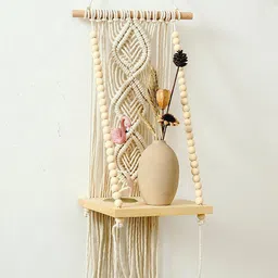 Kaahira Off White Macrame Hanging Wall Shelf With Attached 3-Tier Floating Wooden Planks-picture-17