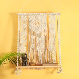 Manor House White Cotton & Wood Hanging Wall Shelf-50