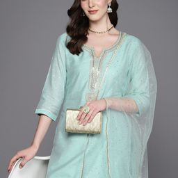 Indo Era Embroidered Regular Sequinned Chanderi Silk Kurta with Trousers & Dupatta image 1