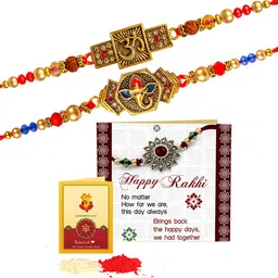 TIED RIBBONS Set of 2 Stoned-Studded Om & Ganesha Rakhi with Card & Roli Chawal image 3