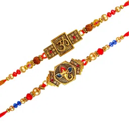 TIED RIBBONS Set of 2 Stoned-Studded Om & Ganesha Rakhi with Card & Roli Chawal image 4