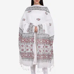 THE WEAVE TRAVELLER White & Black Printed Block Print Dupatta image 1