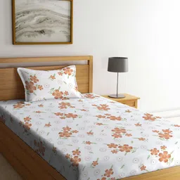KLOTTHE White & Brown Floral Printed 300 TC Fitted Single Bedsheet With 1 Pillow Cover-picture-0