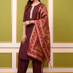 Vishudh Burgundy Yoke Design Thread Work Straight Kurta & Palazzos With Dupatta image 1