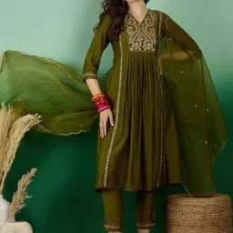 Sangria Green Yoke Design Thread Work Pleated A-line Kurta With Trouser & Dupatta image 1