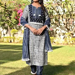 PUKHYA Ethnic Motifs Printed Pure Cotton Kurta with Trousers & With Dupatta image 1