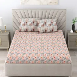 Salona Bichona Peach-Coloured & Grey Floral 180 TC King Bedsheet with 2 Pillow Covers-image-67