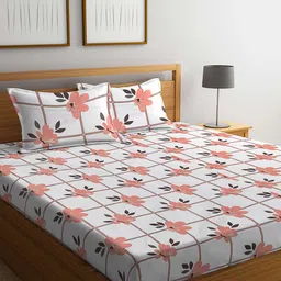 KLOTTHE White & Peach Floral Printed 300 TC Double King Bedsheet With 2 Pillow Covers-5