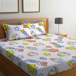 FABINALIV White & Blue Cartoon Characters Printed 300 TC King Bedsheet & 2 Pillow Covers-20