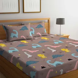 FABINALIV Brown & Blue Conversational 300 TC Fitted King Bedsheet with 2 Pillow Covers-11