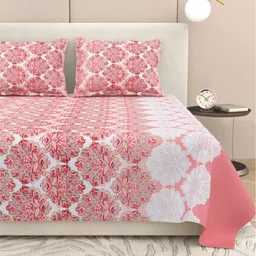 DREAM WEAVERZ White & Pink Conversational 220 TC King Bedsheet with 2 Pillow Covers-image-49