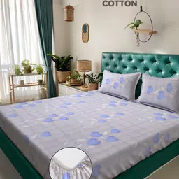 KLOTTHE Grey & Blue Printed 400TC Pure Cotton Double King Bedsheet & 2 Pillow Covers-image-22