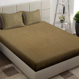 Arrabi Beige & Green Striped 300 TC King Bedsheet with 2 Pillow Covers-78