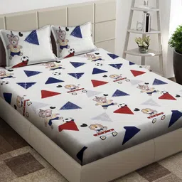 Arrabi White & Blue Cartoon Characters 300 TC King Bedsheet with 2 Pillow Covers-image-32
