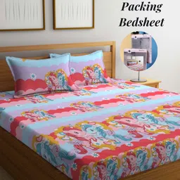 Arrabi Pink & Blue Floral 300 TC King Bedsheet with 2 Pillow Covers-image-31