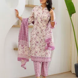 Yufta Ethnic Motifs Printed Regular Thread Work Pure Cotton Kurta with Trouser & Dupatta image 3