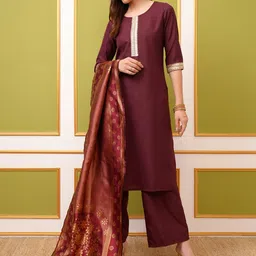 Vishudh Burgundy Yoke Design Thread Work Straight Kurta & Palazzos With Dupatta image 4