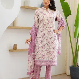 Yufta Ethnic Motifs Printed Regular Thread Work Pure Cotton Kurta with Trouser & Dupatta image 5