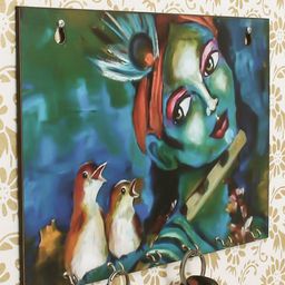 eCraftIndia Green & Blue Shree Krishna Theme Wooden Key Holder With 6 Hooks-78