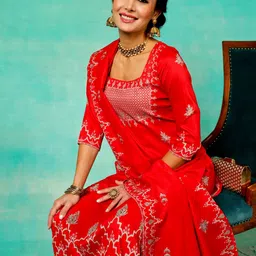 Anouk Red Ethnic Motifs Printed Square Neck Straight Kurta & Palazzos With Dupatta image 1