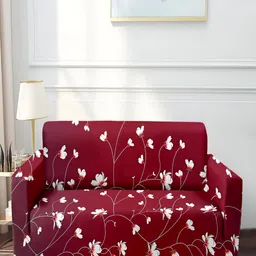 Stuff N' Fluff Maroon & White Floral Super-Stretchable 3-Seater Sofa Cover With Arms-67