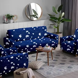 Stuff N' Fluff Navy Blue & White 3 Pieces Printed 5 Seater Sofa Cover With Arms-20