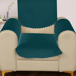 Sparrow world Teal 4 Pieces Quilted Velvet 1 Seater Sofa Cover With Arms-image-17