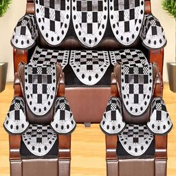 AZOTICA Black & White 12 Pcs Geometric Cotton 5 Seater Sofa Covers With Arms-image-58