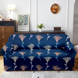 Aura Blue Printed Three Seater Sofa Cover With Arms-image-44