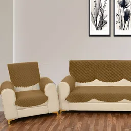 Sparrow world 6 Pcs Gold-Toned Quilted 5-Seater Velvet Sofa Cover With Arms-image-8