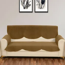 Sparrow world Gold-Toned 4 Pieces Quilted Velvet 3 Seater Sofa Cover With Arms-image-5