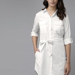 Roadster Women White Pure Cotton Solid Shirt Dress with Belt-picture-45