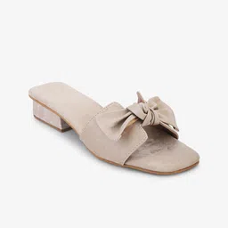 DressBerry Beige Textured Open Toe Block Heels With Bows-2