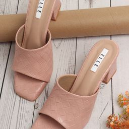 ELLE Peach-Coloured Textured Block Mules-43