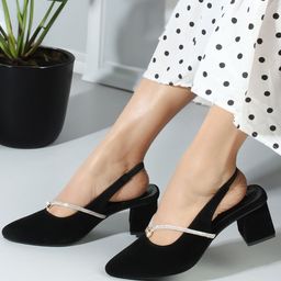 ICONICS Embellished Pointed Toe Block Heeled Pumps-10