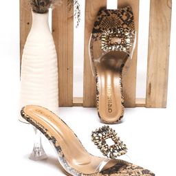 DressBerry Brown Printed Pointed Toe Kitten Pumps With Embellished Heels-2