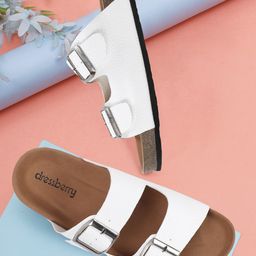 DressBerry Women Textured Buckle Detailed Open Toe Flats-image-19
