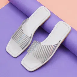 ELANBERG Striped Synthetic Leather Open Toe Flats-image-60