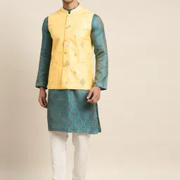 SOJANYA Men Blue Ethnic Motifs Woven Design Kurta & Churidar Comes With a Nehru Jacket-10