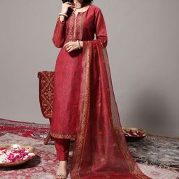 Varanga Ethnic Motifs Printed Chanderi Silk Kurta With Trousers & With Dupatta image 1