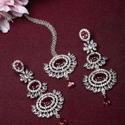 ZENEME Rhodium-Plated & AD studded Maang Tika with Drop Earrings-picture-46