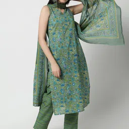 JANAKDULARI CREATION Floral Printed Sleeveless Cotton Straight Kurta & Trousers & Dupatta-image-34