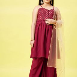 Stylo Bug Girls Maroon Floral Print Yoke Design Polyester Kurta with Palazzos & Dupatta-picture-47