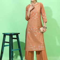 Vishudh Women Rust Floral Printed Kurta with Palazzos-image-36