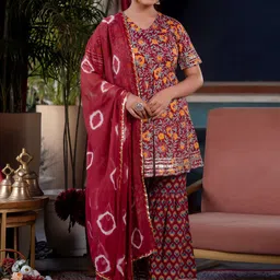 CELEBRAVO Floral Printed Pleated Gotta Patti Pure Cotton Kurti With Sharara & Dupatta-picture-31