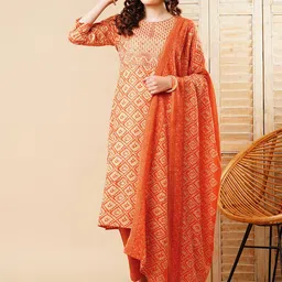 FASHOR Geometric Printed Thread Work Kurta With Trousers & Dupatta-picture-10