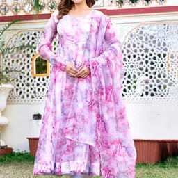 GRISHU COLLECTION Abstract Printed Round Neck Anarkali Kurta With Trouser & Dupatta-picture-0