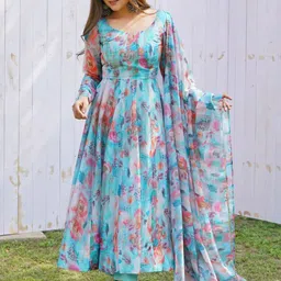 GRISHU COLLECTION Abstract Printed Round Neck Anarkali Kurta With Trouser & Dupatta-48